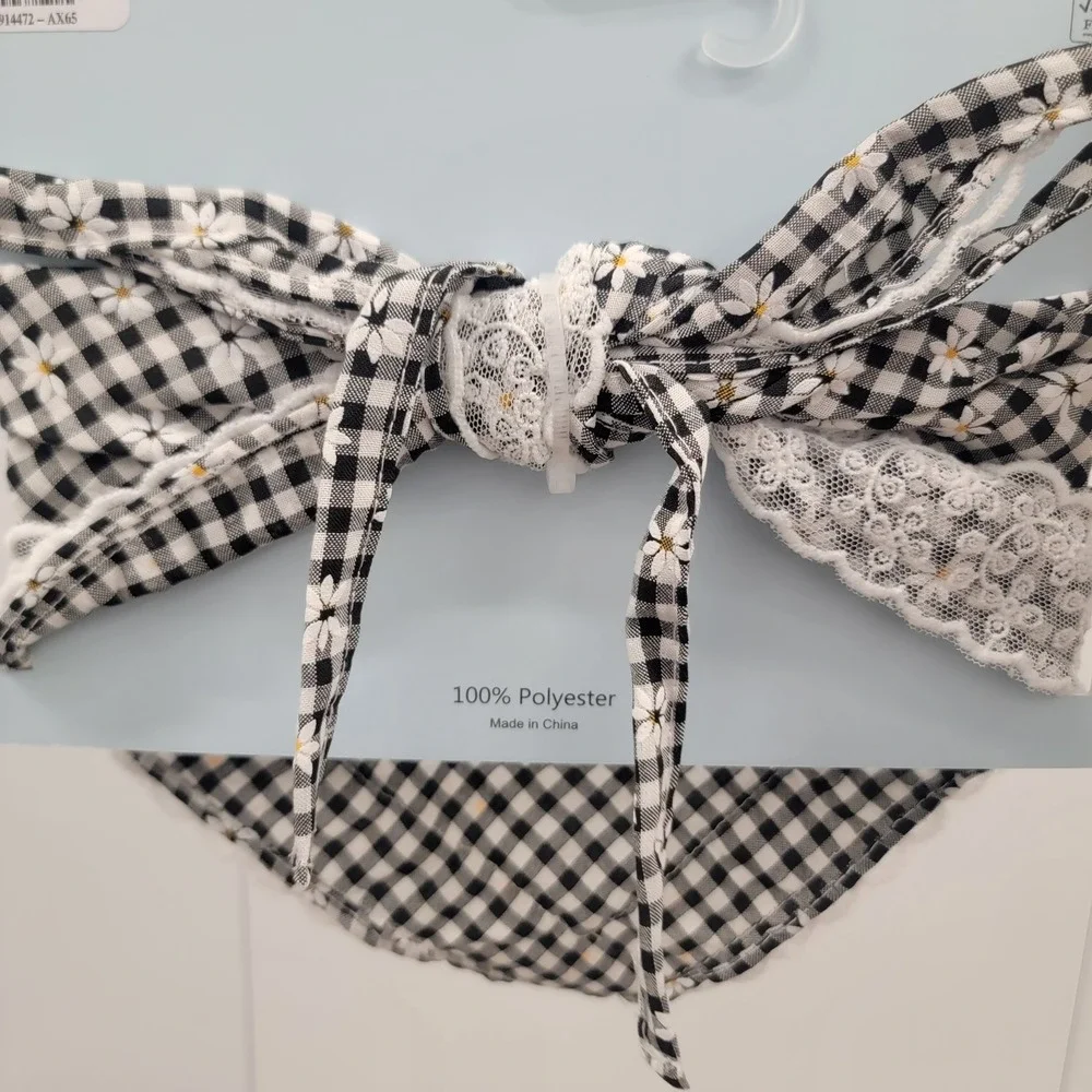 NEW Piper K Gingham Daisy Floral Head Scarf Lace Trim Cottagecore‎ Tie Back